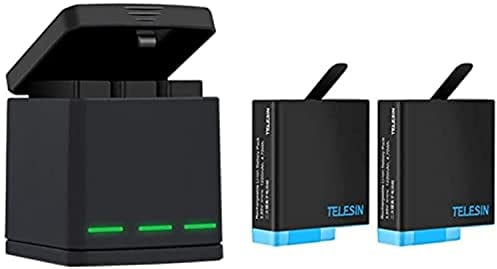 TELESIN Caricabatteria tripla e scatola di immagazzinaggio di batteria con caricabatteria a 3 canali con 2 batterie ricaricabili agli ioni di litio per Gopro Hero 8 Black, Hero 7/6/5 Black