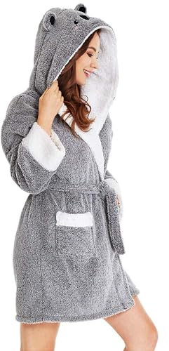 TIMSOPHIA Plüsch-Bademäntel für Damen mit Kapuze, weiche Tier-Bademäntel, gemütlich, warm, Koala-Geschenke, grau, Small