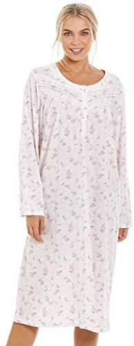 Camille Ladies Long Sleeved Nightdress - Rose Print Womens Nightwear - Nightie with Round Neck Button Fastening