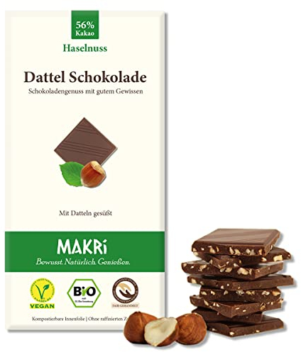MAKRi® BIO Dattel Schokolade - ohne raffinierten Zucker, Mit Datteln gesüßt, Vegan & Fair gehandelt (Haselnuss 56%, 1 Tafel)