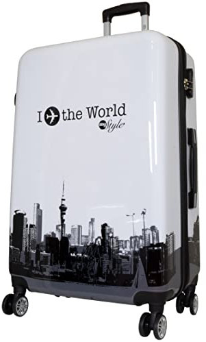 Trendyshop365 Hartschalen Reise-Koffer mit Motiv Bedruckt - Fly The World Weiß - 77 Zentimeter 94 Liter 4 Rollen Flugzeug Städtedesign