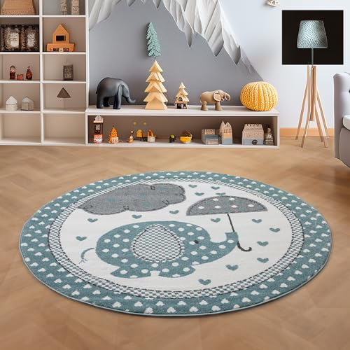 SIMPEX Teppich Rund Kinderzimmer Elefanten-Design Kurzflor Kinderteppich mädchen Spielteppich Modern Design Babyzimmer Teppiche für Junge und Mädchen Extra Weich 120 cm Rund