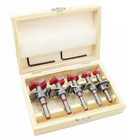 Flintronic - Juego de brocas de madera, 5 (Ø15-35 mm) para fresas con forma de juego de taladros de posicionamiento ajustable, sierra de carburo cementado con tope de profundidad (rango de