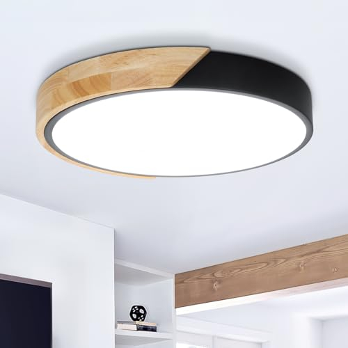 Kimjo LED Deckenleuchte Holz Rund - Deckenlampe Schwarz Holz 24W Kaltweiß 6000K - Deckenlampe Wohnzimmer Holz 30cm für Schlafzimmer Küche Korridor Verandas