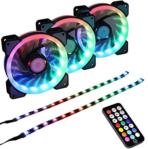 Miwatt 120mm RGB LED Ventilateurs, Silencieux, Flux d’air élevé,Mode Couleur 300+, Avec carte de commande à distance RF multifonction (3 Pack+2 led Bande)