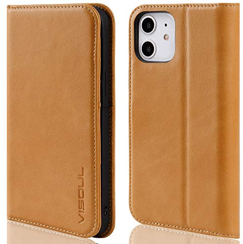 VISOUL iPhone 12 Mini Hülle,Stoßfeste Handyhülle [Echtleder] [RFID Schützt] [Kartenfach] [Magnet] [Standfunktion],TPU Schutzhülle Lederhülle für iPhone 12 Mini Gelb