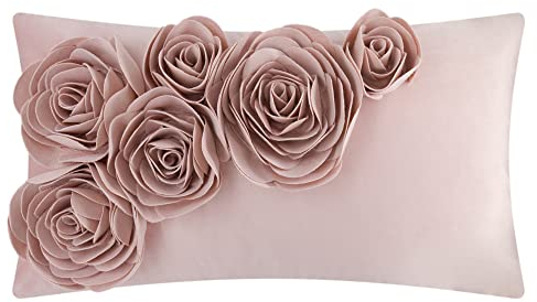 JWH 3D-Blumen-Überwurf-Kissenbezug, dekorativ, handgefertigt, weicher Samt, Lendenkissen für Bett, Wohnzimmer, Stuhl, Couch, Dekoration, 30,5 x 50,8 cm, Roségold