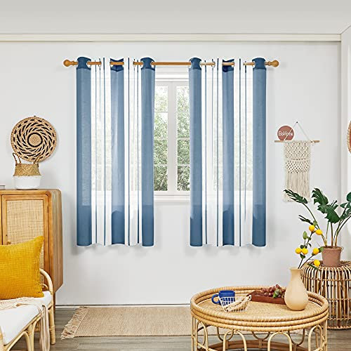 Deconovo Transparente Vorhänge mit Ösen, Stores Gardinen für Wohnzimmer, Voile Gardinen in Leinenoptik Nadelstreifen, 183x140 cm(HöhexBreite), Blau, 2er Set