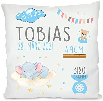 Personalisiertes Geburtskissen mit Namen und Geburtsdaten | Babykissen| Fotokissen | bedrucktes Kissen | Kissen | Motivkissen | Geschenke zur Geburt, Taufe | 40 x 40 cm (Jungen, ohne Kissenfüllung)