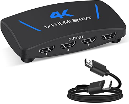 HDMI Splitter 1 in 4 Out, 4K HDMI Splitter, HDMI Splitter Unterstützt Full HD 1080P 4K und 3D, HDMI Splitter 1 auf 4 Kompatibel mit Xbox PS3/4 Roku Blu-Ray Player HDTV