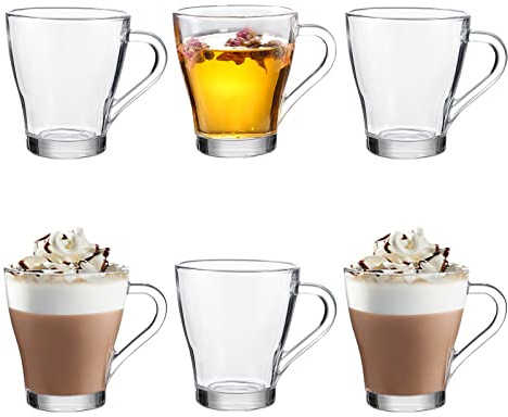 Royal Cuisine Set of 6 Heat Resistant Handled Black/Green Tea Cups Cappuccino/Coffee Latte Milk iced Coffee Glass Mugs Great Gift for Espresso hot Chocolate Tea Lovers (260 ml)