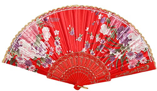 ventails Main pour Fans - Compartiments pliants - Vintage - Ventilateur Pliable - Style Chinois Vintage - ventails Main pour Femme - Dcoration Murale de Mariage - Cadeau de fte - 24 x 60 cm - Rouge