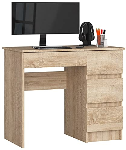 AKORD Schreibtisch A7 90 cm | 4 Schubladen Rechts | Computertisch | Für Zuhause | Für das Büro | Für die Arbeit | B90 x H77 x T50 cm | Gewicht 30,50 kg | Sonoma Eiche