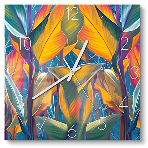 DEQORI Glasuhr | 30x30 cm | Motiv Exotisches Blättermeer | ausgefallene leise Design Uhr aus Glas | Wanduhr für Wohnzimmer & Küche | Moderne Hingucker Uhr für die Wand