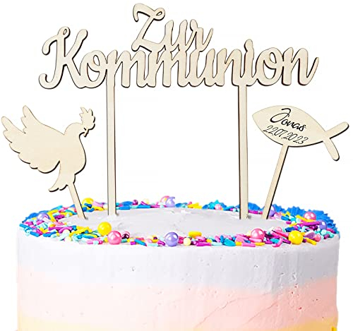 3 Stk Cake Topper Kommunion Holz Tortendeko Zur Kommunion Torten Topper Taube Fisch Tortenstecker Erstkommunion Kuchen Cupcake Deko für Junge Mädchen