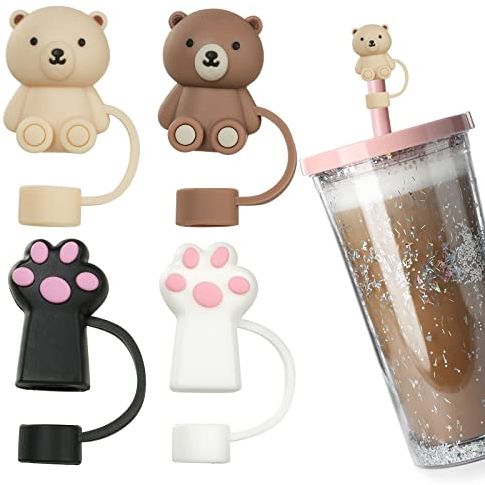 AUAUY Straw Covers, Silicone Straw Tips Covers, Reusable Drinking Straw Covers Plugs Dust-Proof Drinking Straw Cover, Straw Protector Cover Cute Cartoon Straw Cover for 12mm Straw -4PCS