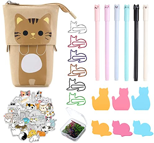 Kinder Katzen Federmäppchen Set, 1 Khaki Katze Mäppchen, 6 Gelschreiber, 50 Katzen Stickers, 30 Büroklammern, Sticky Notes, Geschenke für Mädchen und Kinder