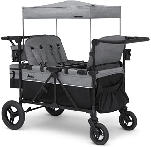 Jeep Wrangler Deluxe 4 Seater Stroller Wagon by Delta Children - Premium Quad Stroller Wagon for 4 Kids with Convertible Seats, Adjustable Push/Pull Handles, Removable Canopy & Flat Fold, Grey
