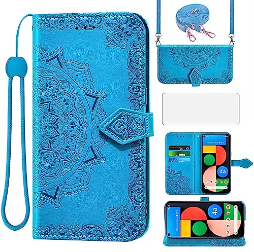 Asuwish Handyhülle für Google Pixel 4a 5G Hülle mit Band und Glas Folie Schutzfolie Kartenfach Klappbar Leder Geldbörse Ständer 4a5G Handy Hüllen Mandala Schutzhülle Panzerfolie Cover Phone Case Blau