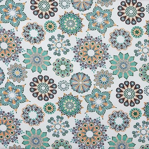 Kt KILOtela - Bedruckter Leinenstoff, Dekoration, Tapisserie, Kissen, Vorhänge, Bettdecken, Taschen, Tischdecken, 100 cm Länge x 280 cm Breite, Mandalas, Grün, Orange - 1 Meter