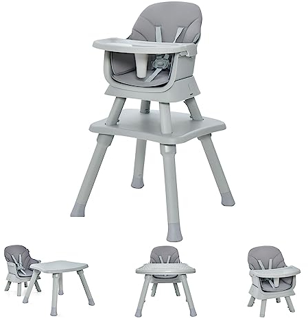 LIFEZEAL 6 en 1 Chaise Haute Bébé évolutive en PP, Charge 25 kg, Chaise Repas Enfant Convertible 6 mois-6 ans, Plateau Réglable, Housse Amovible, Table Chaise Bebe, Harnais de Sécurité (Gris)