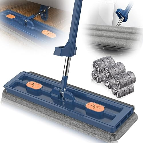 Grand Balai Plat de Nouveau Style, Grande serpillère Plate Grandes Surfaces avec Manche en Acier Inoxydable avec Tampons en Fibre Super, Balai Industriel avec tête rotative (Bleu+6chiffons)