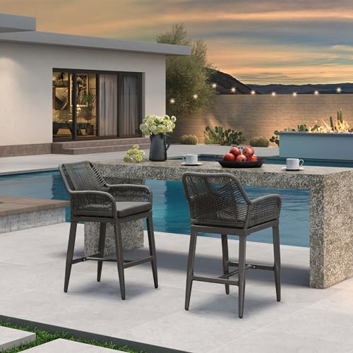 PURPLE LEAF Rivera Barhocker 2er-Set, Alu-Gestell Barstühle mit Lehne & Fußstütze, Outdoor-Tresenhocker Rattan, modern Bistrohocker mit gepolsterten Sitzen, Anthrazit