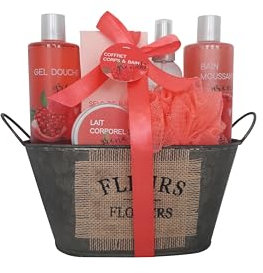 French Tendance - Coffret Bain Grenade - Gel Douche 210ml, Bain Moussant 90 ml, Gommage, Savon, Fleur de Massage - Cadeau Femme Beauté, Soin Corps - Kit Cocooning Baignoire Vintage Grenade