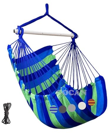 GOCAN Hängematte Stuhl Große Hängematte Schaukel, 110 x 150cm Last 150kg, Baumwolle Hängematte Stuhl Metall Spread Bar Breiter Sitz Schaukel Stuhl(blau)