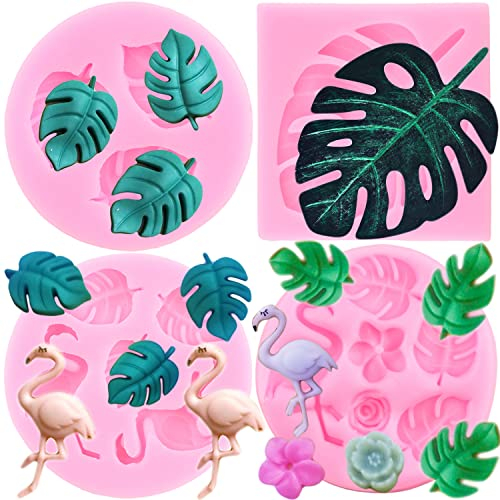 RFGHAC Lot de 4 moules en silicone en forme de feuille tropicale flamant rose pour décoration de gâteaux, bonbons, pâte à sucre, ZB221CK