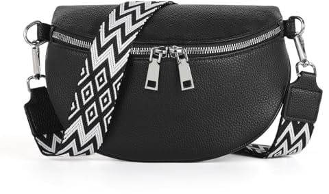 TANTOMI Damen Umhängetasche Schwarz 15 cm x 24 cm 8 cm PU Leder Crossbody Bag Breiter Gurt Multifunktional Reißverschluss
