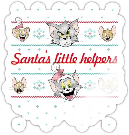 Spreadshirt Tom und Jerry Ugly X-Mas Santa's little helpers Sticker, 10 x 10 cm, Weiß glänzend