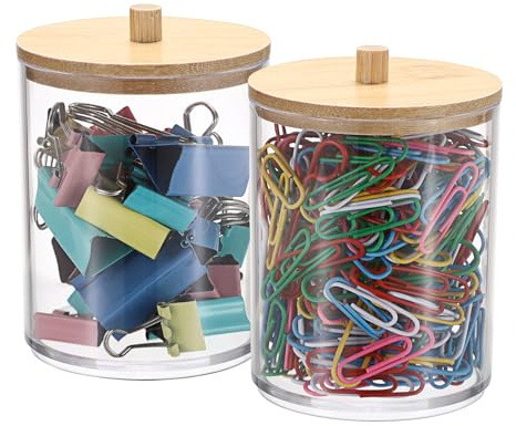BTSKY Lot de 2 porte-trombones ronds en plastique avec couvercle en bambou, boîte à trombones pour fournitures de bureau