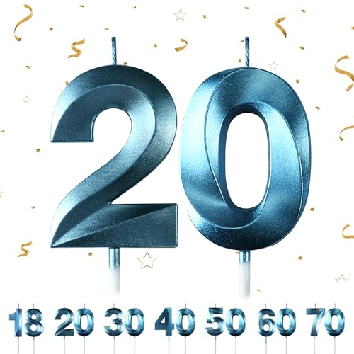 Geburtstagskerzen Zahlen 20,3D Blau Geburtstagskerzen,Kerzen Geburtstag Zahl 20, Kuchen Topper Dekoration Kuchendeko Geburtstag, Geburtstagskerzen für Geburtstagsdeko