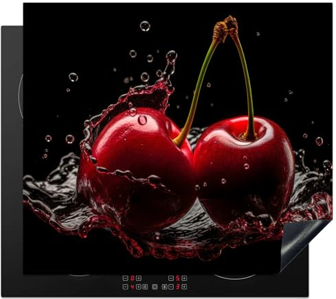 KitchenYeah© Protection Pour Plaque Induction 59x52 cm Deco Cuisine Protégé Cache De Cuisson Vitroceramique Cerises - Rouge - Fruit - Eau - Noir