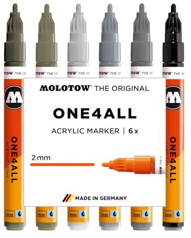 Molotow One4All 127HS Acryl Marker Grey Set (2,0 mm Strichstärke, hochdeckend und permanent, schnell trocknend, nachfüllbar, für fast alle Untergründe) 6 Stück sortiert