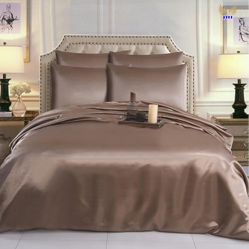 6PCS Satin Duvet Cover Bedding Set Plain Luxury Soft Bed Set Include (1xDuvet Cover, 1xFitted Sheet, 4xHousewife Pillow Case) (King, Mink)-(Same Day Dispatch)