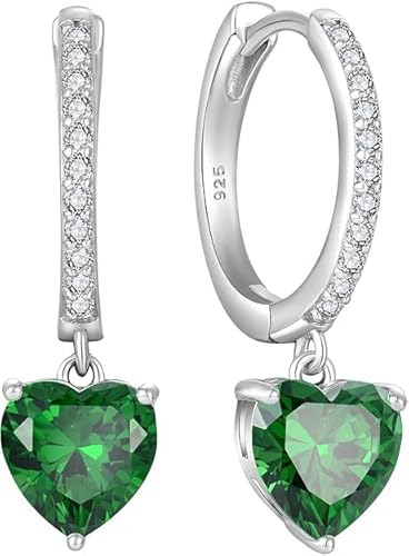 Starchenie Ohrringe 925 Sterling Silber für Damen Creolen mit Zirkonia Herz Grüner Geburtsstein Hängend Hypoallergen Kreolen Hängeohrringe