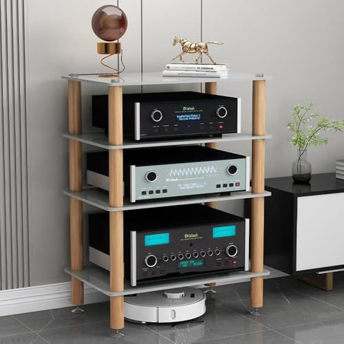HAEKEBC 3/4-stufige HiFi-Racks AV-Medienständer HiFi-Audioschrank Regale Aus Gehärtetem Glas Stoßdämpfende Beine Aus Massivem Holz Für Audio Rack Schränke(White,4 Tier)