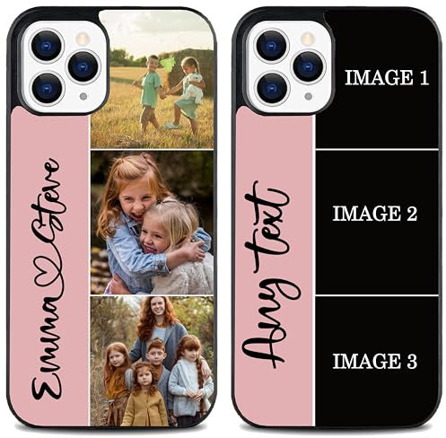 EKAM Personalised Phone Case For Apple iPhone 16, 15, 14, Pro, Max, Mini, Plus 13, 12, 11, X, XS, XR, SE, 8, 7 - Add Your Text & 3 photos multiple Picture Custom Design PC + Soft TPU Case (Pink)