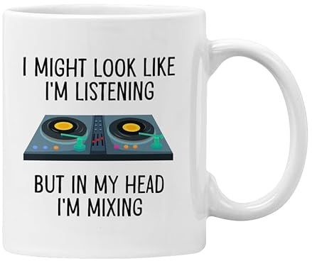 Plumfoolery Funny DJ Mug Gift I Might Look Like I'm Listening But in My Head I'm Mixing Funny Gifts for Men Women Disc Jockey Decks (White)