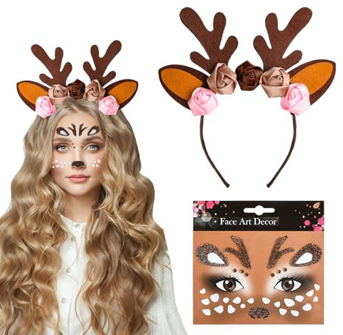 DIELOVEHUA Rentier Haarreif, Geweih Haarreif + Reh Gesichtstattoo, Rentier Stirnband, Reh Kostüm Damen, Reh Haarreif für Damen Kinder Halloween Cosplay Karneval Weihnachten