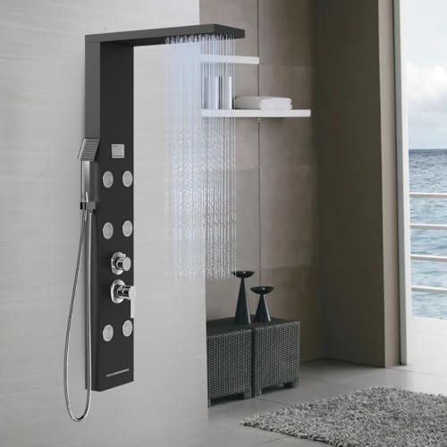 Colonna Doccia York Acciaio 4 Funzioni Display Controllo Temperatura Effetto Pioggia Cascata Sensore di Temepratura (Nero)