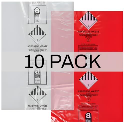 Lot de 10 grands sacs à déchets en amiante résistants – 120 x 90 cm – Marqués UN2212/UN2590 – Capacité de 30 kg – Indéchirables – Rouge et transparent