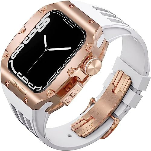 RNNYWDRQ Titanium Case Rugged Sport Rubber Band, para Apple Watch 8/7 6/5/4 SE 45 mm Series de 44 mm, Kit de modificación Bisels Fluororubber Strap y Buckl Moderno