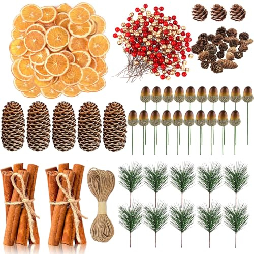 MAIREULB 295-Piece Premium Christmas Wreath Kit: Natural Dried Orange Slices, Cinnamon Sticks, Pine Needles, Red Berries & Acorns - Complete DIY Holiday Craft Set