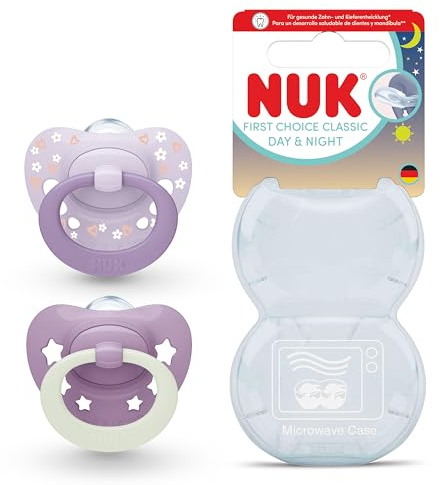 NUK First Choice Classic Day & Night Baby Schnuller | 0-6 Monate | Orthodontische Schnuller, die im Dunkeln leuchten | 95% Akzeptanz bei Babys** | Lila | 2 Stück
