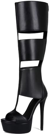 Frankie Hsu Goth Sexy Stiletto Piattaforma A Spillo Fatti A Mano Stivali Al Ginocchio Tacco Alto, Nero Gothic Punk Hot Girl Big Large Size Largo Vitello Stivali Lunghi Per Le Donne, nero, 41.5 EU