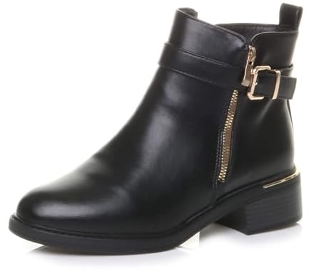AJVANI Womens ladies flat low heel buckle gold zip smart casual ankle boots size