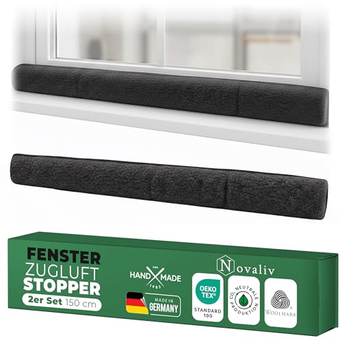 Zugluftstopper für Fenster 150cm Anthrazit Schurwolle – stoppt Zugluft & Kälte, dämpft Lärm/Staub/Licht, rutscharm, ohne Bohren; für Fensterbank/Rahmen, Spalt abdichten, Innenbereich, 2er-Set